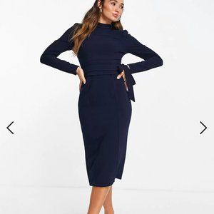 NWT  ASOS DESIGN long sleeve midi dress with obi belt in navy